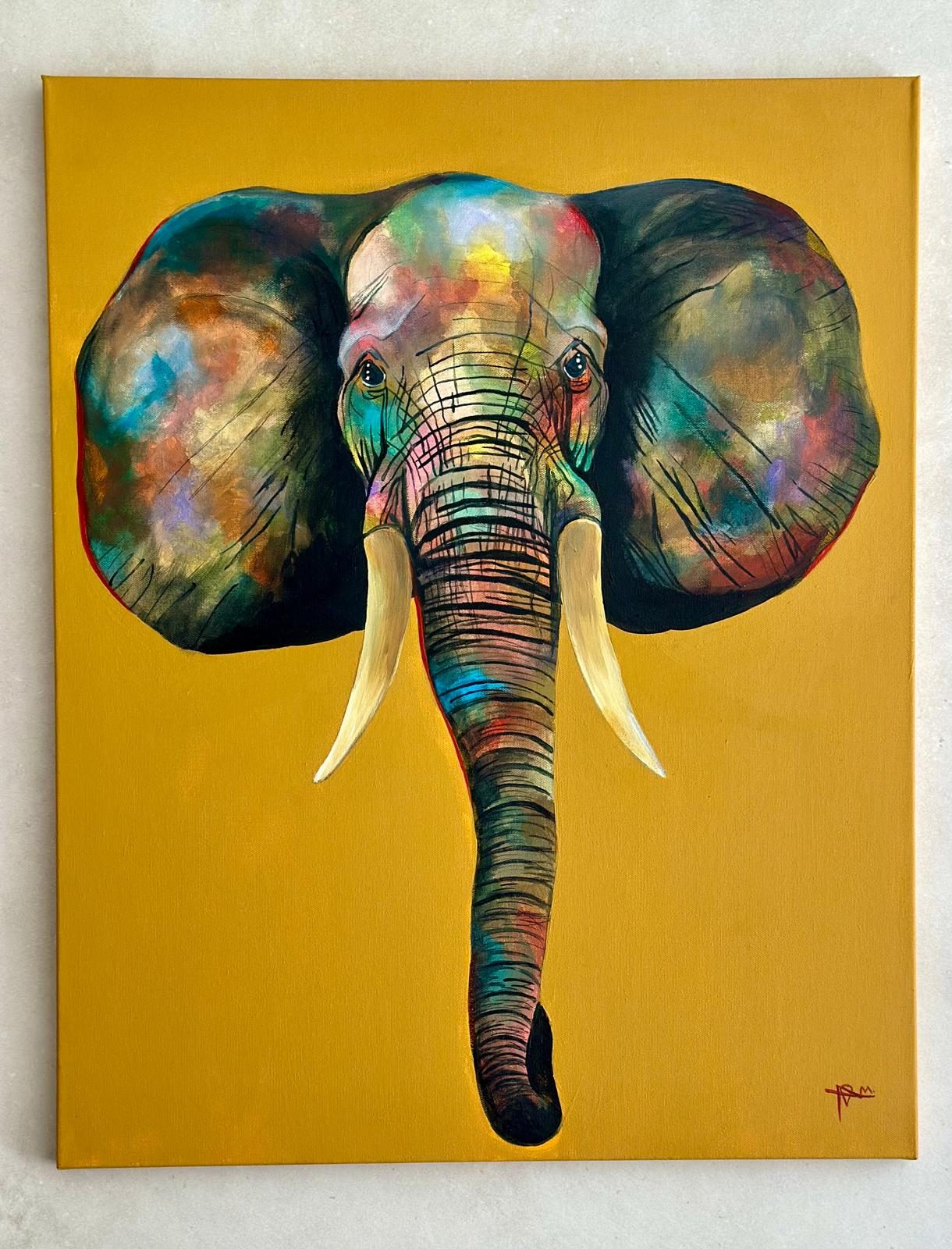 Painting of an elephant on a golden background, donated for the CWF art auction