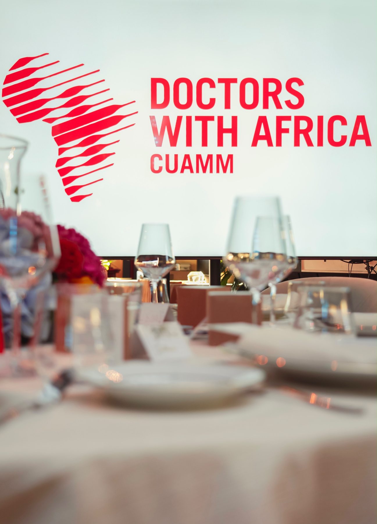 Doctors with Africa CUAMM on screen behind the dinner tables at the art auction